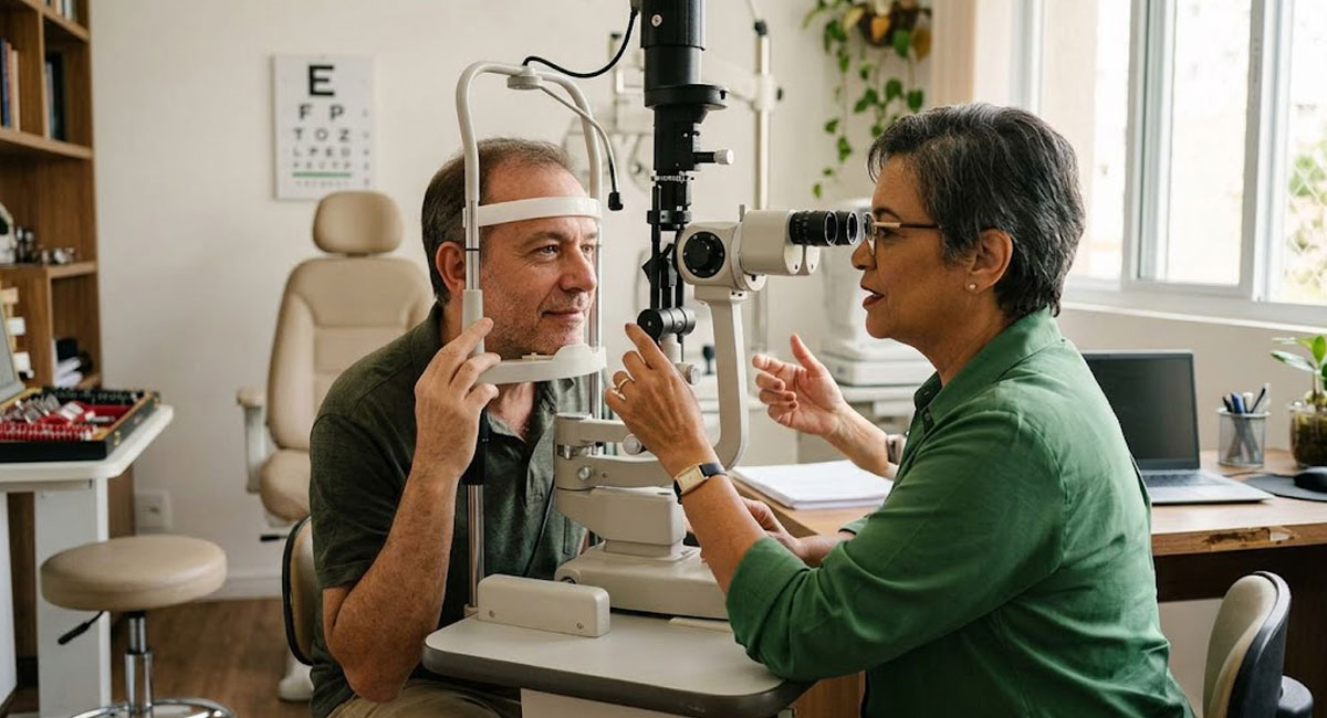 Optometrista realiza exame de vista em paciente no consultório em Pinheiros.